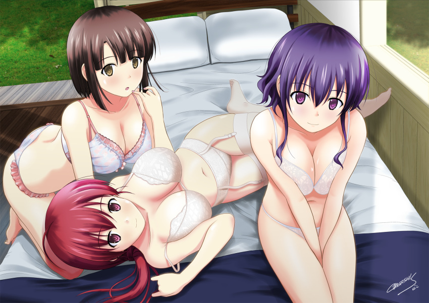 ass barefoot bed between_legs bra breasts brown_eyes brown_hair cleavage collarbone day eyebrows_visible_through_hair frilled_panties frills garter_belt hair_between_eyes hand_between_legs hashima_izumi highres hyoudou_michiru katou_megumi large_breasts long_hair looking_at_viewer multiple_girls nail_polish navel off_shoulder open_mouth panties pillow pink_nails ponytail purple_eyes purple_hair red_eyes red_hair saenai_heroine_no_sodatekata satou_chagashi shiny shiny_hair shiny_skin short_hair_with_long_locks sidelocks signature sitting smile underwear underwear_only white_bra white_legwear white_panties