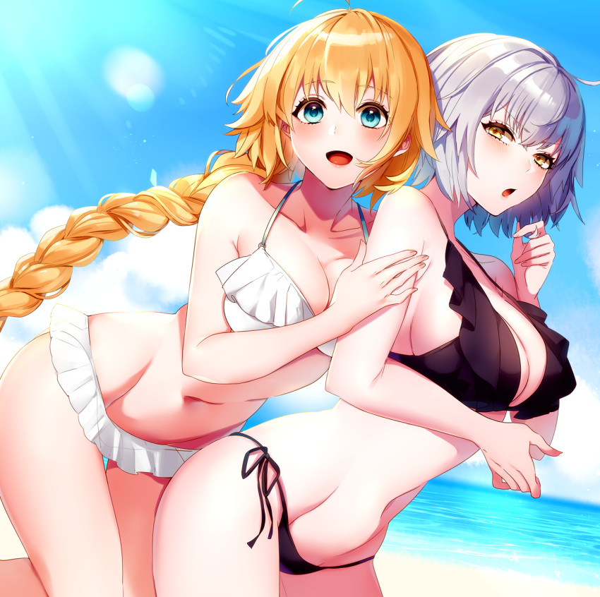 :d ahoge beach bikini black_bikini blonde_hair blue_eyes blue_sky blush braid breasts cleavage commentary_request contrapposto cowboy_shot day eyebrows_visible_through_hair eyelashes fate/grand_order fate_(series) frilled_skirt frills highres horizon jeanne_d'arc_(alter)_(fate) jeanne_d'arc_(fate) jeanne_d'arc_(fate)_(all) large_breasts long_hair looking_at_viewer multiple_girls neko-san_(dim.dream) open_mouth short_hair side-tie_bikini silver_hair single_braid skirt sky smile standing strap_gap sunlight swimsuit thigh_gap very_long_hair white_bikini yellow_eyes