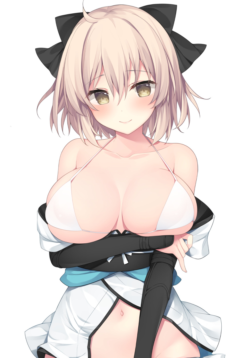 ahoge arm_guards arm_under_breasts bare_shoulders bikini black_bow blonde_hair blush bow breast_hold breasts collarbone fate/grand_order fate_(series) highres japanese_clothes kimono koha-ace large_breasts looking_at_viewer miko_92 navel obi off_shoulder okita_souji_(fate) okita_souji_(fate)_(all) sash short_hair short_kimono simple_background sleeveless sleeveless_kimono smile solo swimsuit white_background white_bikini white_kimono
