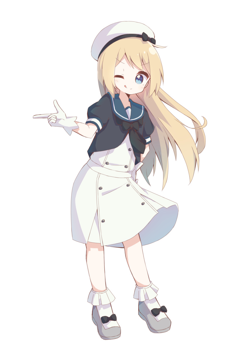 absurdres black_jacket blonde_hair blue_eyes blue_sailor_collar cropped_jacket dress full_body gloves hat highres jacket jervis_(kantai_collection) kantai_collection long_hair looking_at_viewer one_eye_closed pointing sailor_collar sailor_dress sailor_hat short_sleeves simple_background solo standing tongue tongue_out white_background white_dress white_gloves white_hat yoshinao_(yoshinao_0203)