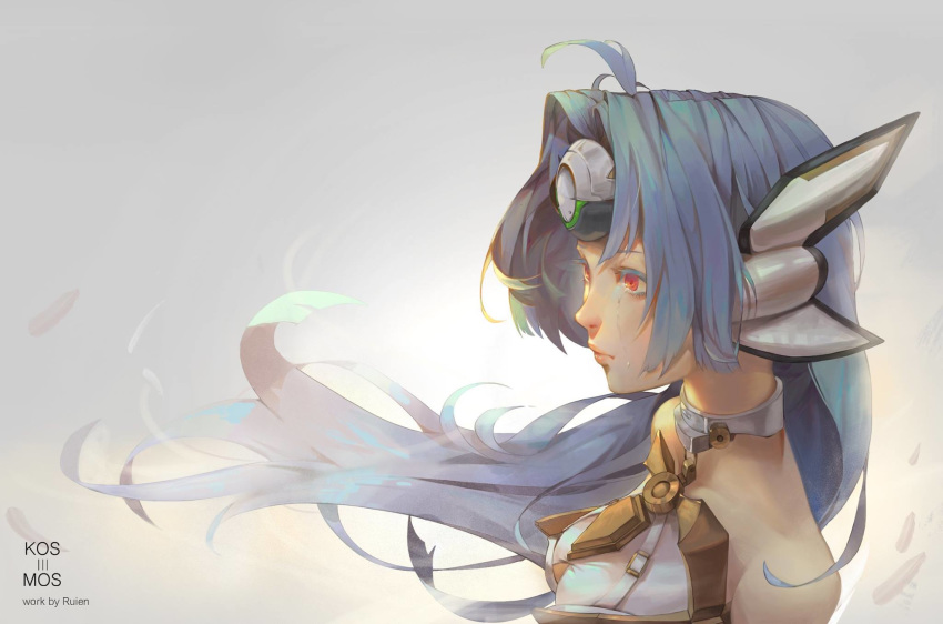 ahoge android backlighting bangs bare_shoulders beige_background blue_hair breasts character_name collar colored_eyelashes commentary floating_hair forehead_protector from_side gawain_(artist) highres kos-mos kos-mos_ver._4 long_hair medium_breasts parted_bangs red_eyes sidelocks simple_background single_tear solo upper_body xenosaga