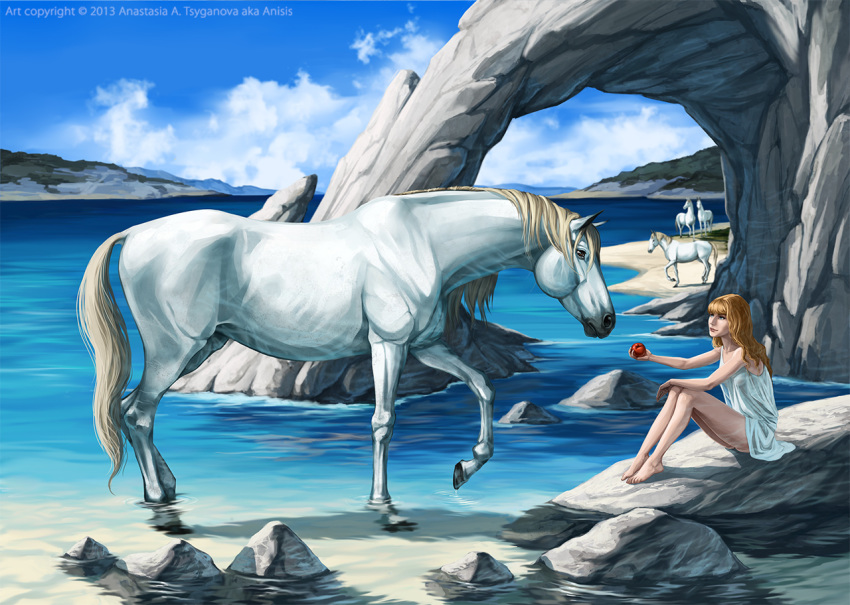 2013 anisis apple blonde_hair detailed_background digital_media_(artwork) equine female feral food fruit group hair hooves horse human mammal partially_submerged standing tan_hair