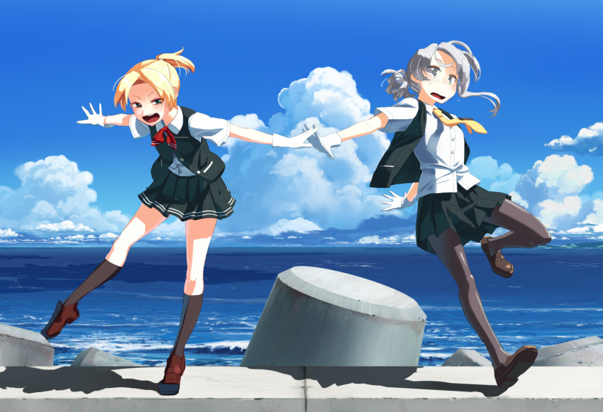 asymmetrical_hair bangs black_legwear blonde_hair blouse blue_eyes blue_sky brown_footwear cloud day flipped_hair full_body gloves kantai_collection kneehighs leaning_forward loafers looking_at_viewer maikaze_(kantai_collection) multiple_girls neck_ribbon necktie nowaki_(kantai_collection) open_mouth outdoors outstretched_arms pantyhose parted_bangs pleated_skirt ponytail red_ribbon ribbon school_uniform scrunchie shoes short_ponytail silver_eyes silver_hair skirt sky standing standing_on_one_leg swept_bangs takuzui tetrapod vest wavy_mouth white_blouse white_gloves yellow_neckwear