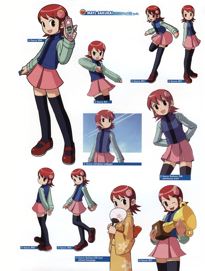 00s 1girl artbook blush breasts capcom dress female full_body happy jumping kimono looking_at_viewer looking_back multiple_views red_hair rockman rockman_exe sakurai_meiru scan shiny shoes simple_background skirt small_breasts smile standing white_background wink