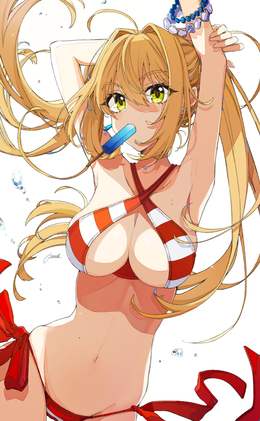 armpits bead_bracelet beads bikini bracelet breasts criss-cross_halter fate/grand_order fate_(series) food hair_intakes halterneck highres jewelry midriff navel nero_claudius_(fate)_(all) nero_claudius_(swimsuit_caster)_(fate) osanai popsicle red_bikini striped striped_bikini swimsuit