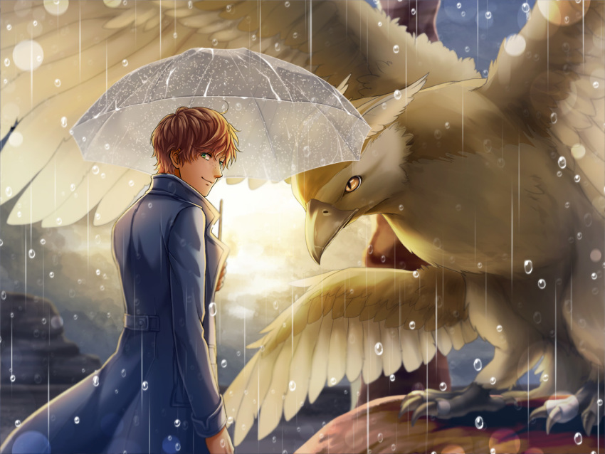 back brown_hair coat fantastic_beasts_and_where_to_find_them feathered_wings feathers freckles green_eyes male_focus newt_scamander rain save_(naita_aooni) thunderbird_(fantastic_beast) transparent transparent_umbrella umbrella wand wings