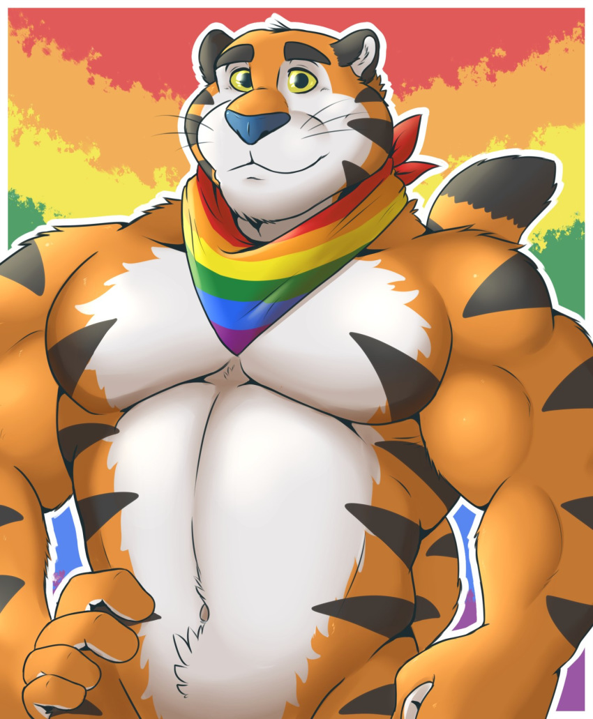 2018 acephlosion anthro blue_nose clothing feline frosted_flakes fur hi_res kellogg's male mammal muscular nude pecs scarf simple_background solo stripes tiger tony_the_tiger