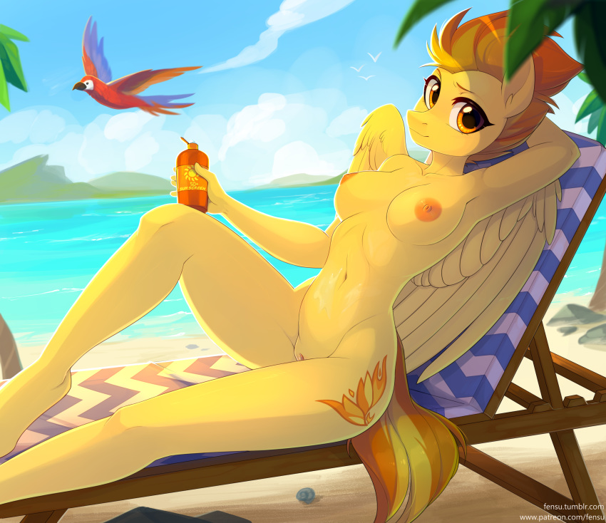 2018 absurd_res areola avian beach bird breasts cutie_mark digital_media_(artwork) equine feathered_wings feathers female fensu-san friendship_is_magic hair hi_res holding_object looking_at_viewer mammal my_little_pony nipples nude outside parrot pegasus pussy seaside solo spitfire_(mlp) water wings wonderbolts_(mlp)