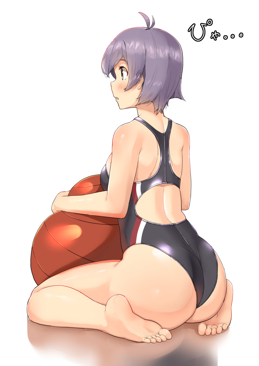 absurdres antenna_hair ass ball barefoot black_swimsuit commentary_request competition_swimsuit exercise_ball feet highres kantai_collection one-piece_swimsuit purple_eyes purple_hair reflection sakawa_(kantai_collection) short_hair simple_background sitting soles solo soushou_nin swimsuit toes wariza white_background