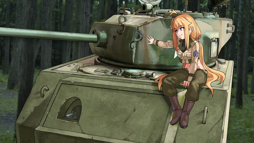 blonde_hair blue_eyes boots combat_vehicle forest long_hair military nanaya777 original tree twintails