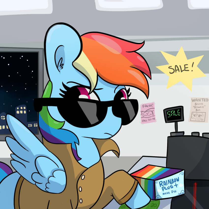 ! 2018 blue_feathers cash_register city clothed clothing counter disguise english_text equine eyebrows eyelashes eyewear feathered_wings feathers female feral friendship_is_magic frown hair hi_res hooves inside mammal money multicolored_hair my_little_pony night pegasus purple_eyes rainbow_dash_(mlp) rainbow_hair sky skyscraper solo star starry_sky store sunglasses text tjpones window wings