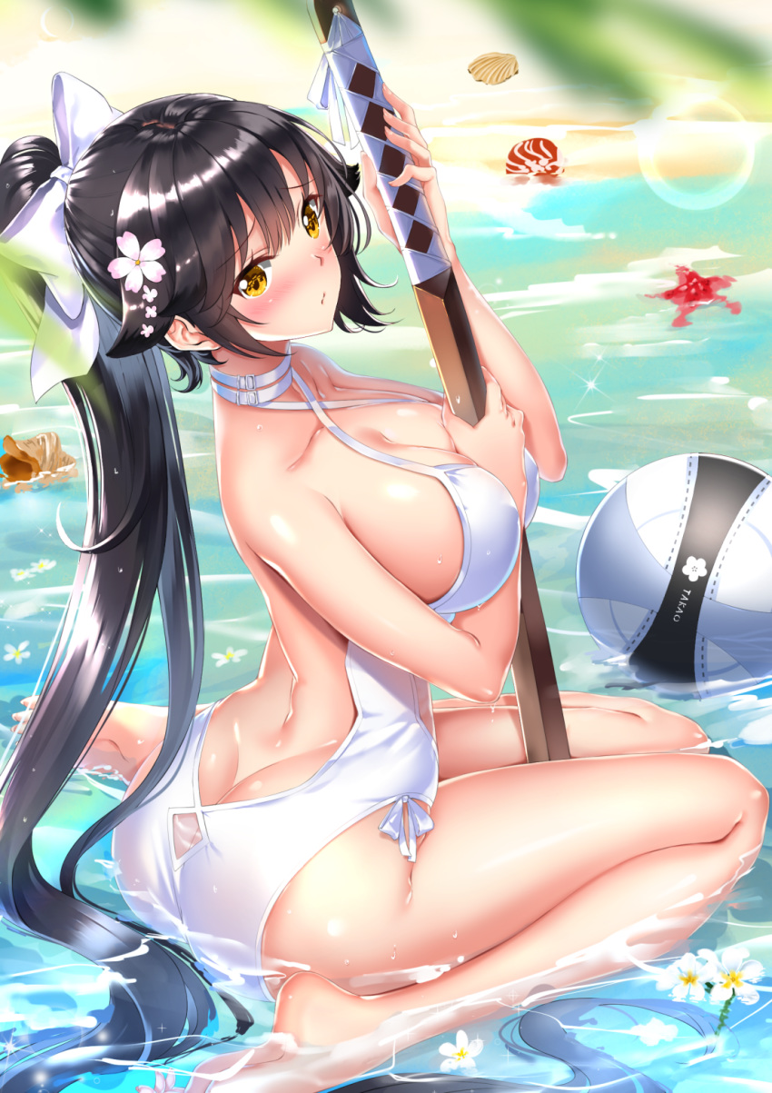 ass azur_lane backless_outfit ball bangs bare_shoulders beach beachball black_hair blush bokken bow breasts butt_crack character_name collarbone covered_nipples criss-cross_halter eyebrows_visible_through_hair flower frown hair_bow hair_flower hair_ornament halterneck highres holding holding_sword holding_weapon large_breasts long_hair looking_at_viewer looking_back ocean one-piece_swimsuit planted_sword planted_weapon ponytail seashell seiza shell shiny shiny_hair sitting solo starfish swimsuit sword swordsouls takao_(azur_lane) very_long_hair weapon wet white_swimsuit wooden_sword yellow_eyes