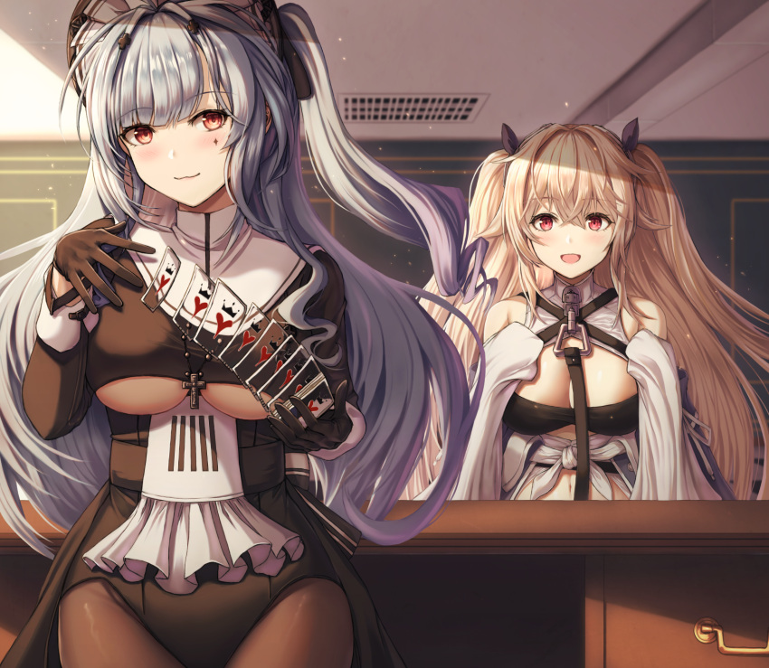 2girls :d anchorage_(azur_lane) azur_lane bangs bare_shoulders black_legwear blush breasts brown_hair buran_(22x) card crossed_bangs eyebrows_visible_through_hair grey_hair hair_ornament highres large_breasts long_hair long_sleeves looking_at_viewer marco_polo_(azur_lane) marco_polo_(the_queen_of_hearts)_(azur_lane) multiple_girls official_alternate_costume open_mouth playing_card red_eyes side_ponytail sleeves_past_fingers sleeves_past_wrists smile underboob
