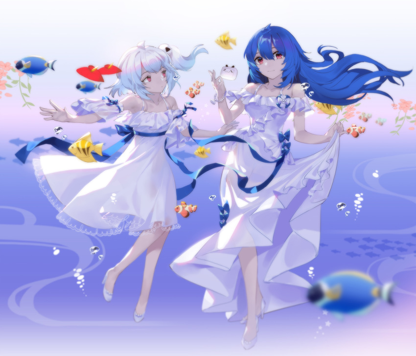 ahoge balusah bili_girl_22 bili_girl_33 bilibili_douga blue_bow blue_hair blue_ribbon bow bracelet bubble closed_mouth clownfish collarbone dress eyebrows_visible_through_hair fish hair_ornament high_heels highres jewelry long_hair looking_at_another looking_at_viewer multiple_girls play_button red_eyes ribbon short_hair short_ponytail side_ponytail smile underwater white_dress