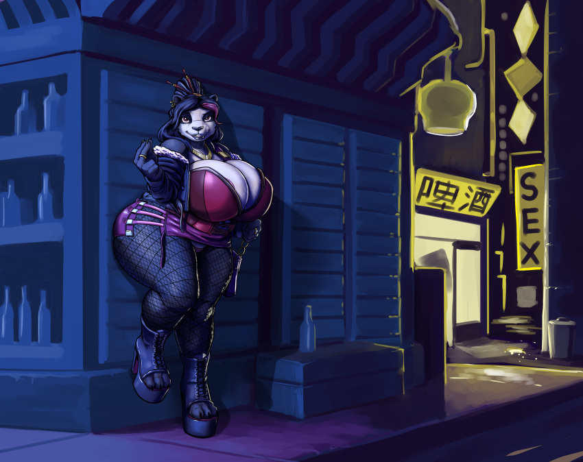 anthro big_breasts bra breasts clothed clothing female footwear greasymojo high_heels huge_breasts looking_at_viewer mammal overweight overweight_female panda platform_footwear platform_heels prostitution shoes smile solo standing underwear ursine