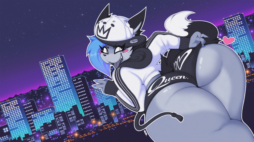 &lt;3 anthro baseball_cap big_butt black_tail blue_hair blue_nails blush butt clothed clothing colored_nails dipstick_tail female grin hair hat hoodie mammal multicolored_tail shorts smile smutbunny suzy_(sheazubutt) teeth tongue tongue_out white_tail