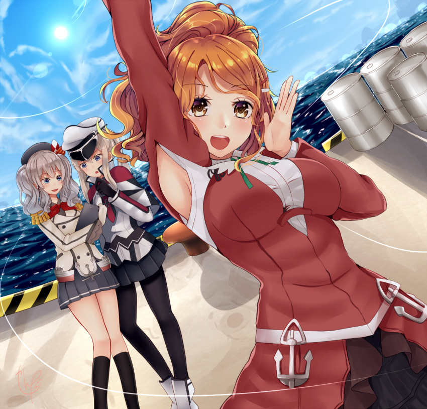 aquila_(kantai_collection) armpit_cutout armpits black_gloves black_legwear blonde_hair blue_eyes breasts day dress drum_(container) gloves graf_zeppelin_(kantai_collection) grey_skirt hat kantai_collection kashima_(kantai_collection) large_breasts long_hair looking_at_viewer miniskirt multiple_girls narushima_kanna ocean outdoors pantyhose red_dress skirt sunlight twintails white_gloves white_hair yellow_eyes