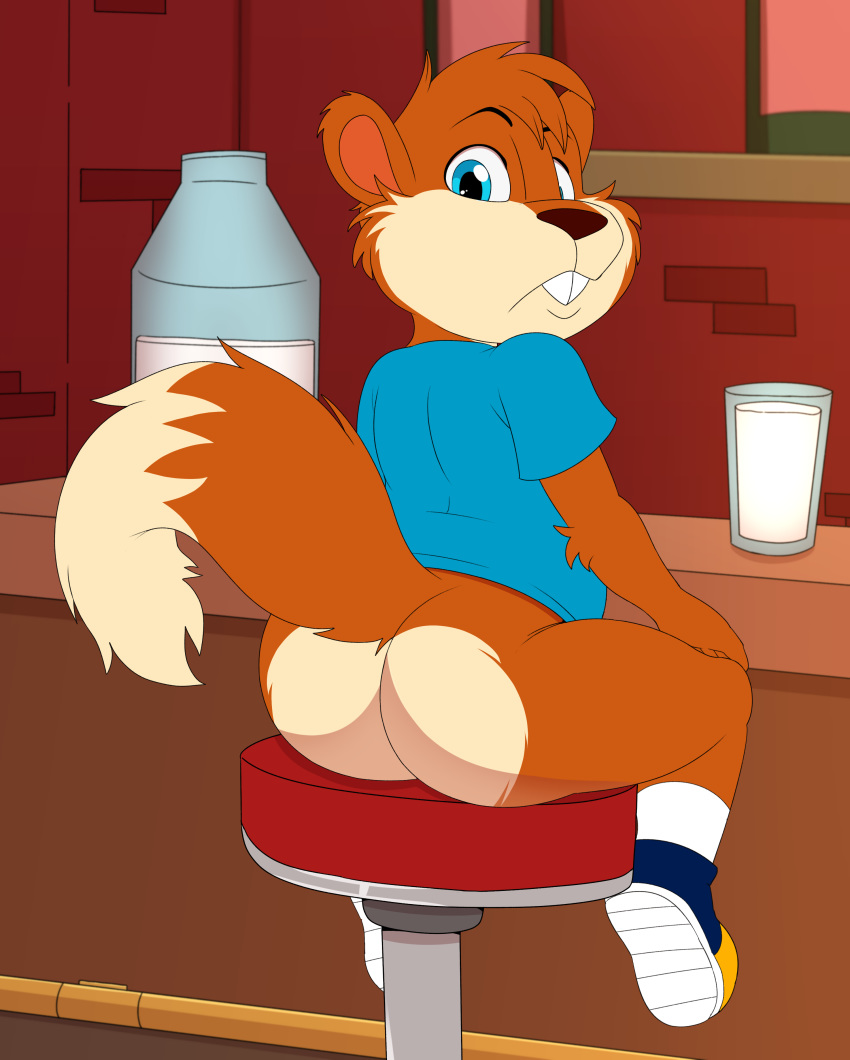 anthro barstool bottomless butt clothed clothing conker conker's_bad_fur_day jerseydevil looking_at_viewer looking_back male mammal rodent sitting solo squirrel video_games