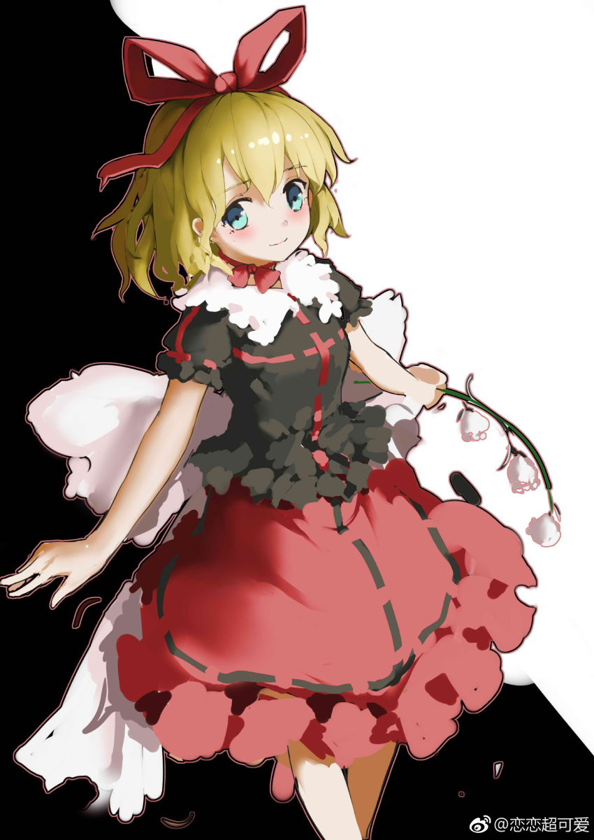 1girl absurdres blonde_hair blue_eyes blush breasts choker flower frills highres holding holding_flower lily_of_the_valley medicine_melancholy medium_breasts medium_hair phantasmagoria_of_flower_view puffy_short_sleeves puffy_sleeves red_skirt ribbon ribbon_choker sancking_(fatekl) short_sleeves skirt tareme touhou