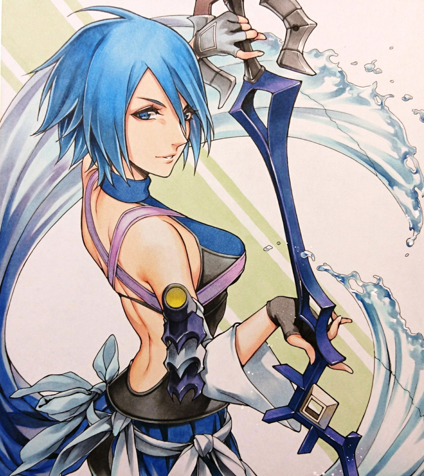 aqua_(kingdom_hearts) ass back backless_outfit bare_shoulders black_gloves black_shorts blue_eyes blue_hair breasts commentary_request detached_sleeves fingerless_gloves gloves grey_gloves hair_between_eyes highres hikonyaaa holding holding_weapon keyblade kingdom_hearts kingdom_hearts_birth_by_sleep light_particles long_sleeves looking_at_viewer marker_(medium) medium_breasts short_hair shorts shoulder_blades smile solo traditional_media turtleneck weapon wide_sleeves