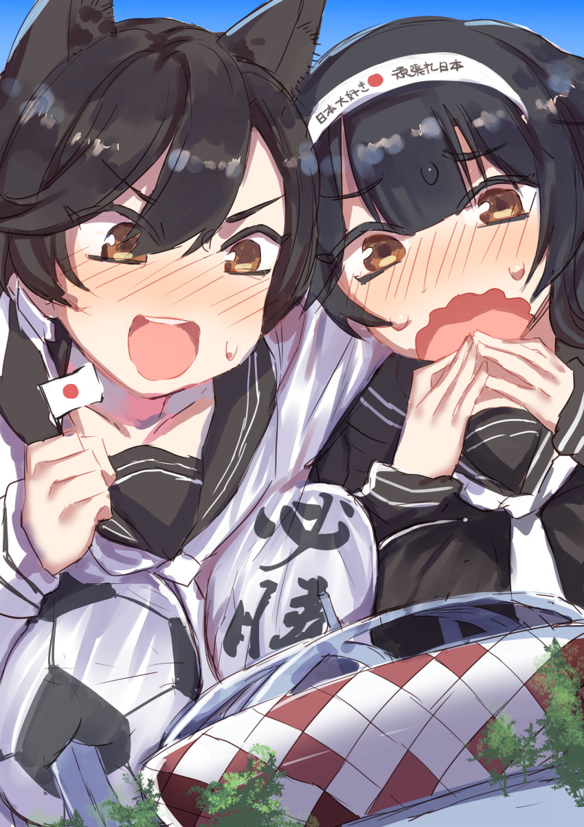 2girls :d absurdres animal_ears atago_(azur_lane) azur_lane black_hair blush breast_squeeze breasts brown_eyes cat_ears check_commentary commentary commentary_request flag giantess headband highres hte222 japan japanese_flag large_breasts multiple_girls open_mouth scared school_uniform smile soccer stadium steepled_fingers takao_(azur_lane) tree v-shaped_eyebrows wavy_mouth world_cup