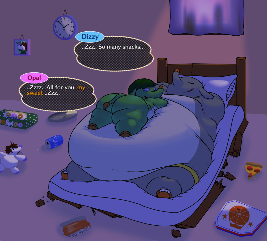 2016 3_toes animal_crossing anthro anthro_on_anthro bed bedroom belly beverage_can big_belly big_butt biped box brown_tail butt captainbleepbus character_name clock clothed clothing cuddling curtains destruction dialogue digital_drawing_(artwork) digital_media_(artwork) dizzy_(animal_crossing) doughnut duo elephant english_text eyes_closed eyeshadow female food full-length_portrait green_hair green_tail hair hands_behind_head hi_res hooves huge_butt hyper hyper_belly inside larger_male lighting lying makeup male male/female mammal morbidly_obese nintendo nude obese obese_male on_back on_bed on_front on_top on_top_of opal_(animal_crossing) open_mouth open_smile overweight overweight_female overweight_male painting pie pie_tin pillow pizza pizza_box plushie portrait romantic_couple shadow short_hair size_difference sleeping smaller_female smile sound_effects speech_bubble tail_tuft text thick_thighs toes topless trunk tuft two_tone_tail underwear video_games white_hooves window zzz