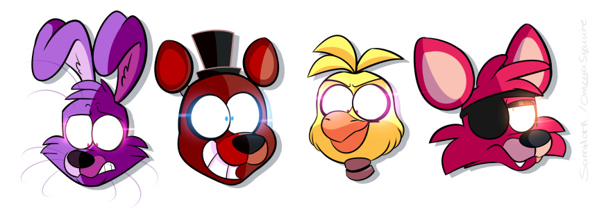 2018 absurd_res animatronic anthro avian bear bird bonnie_(fnaf) canine chica_(fnaf) chicken digital_media_(artwork) eye_patch eyewear five_nights_at_freddy's fox foxy_(fnaf) freddy_(fnaf) hat hi_res lagomorph machine mammal rabbit robot sideshow-spottus simple_background top_hat video_games