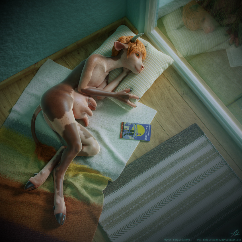 2016 3d_(artwork) anthro book bovine cattle digital_media_(artwork) female hi_res hjalta hooves horn inside lying mammal nude pillow solo tchaikovsky2 teats udder_ring udders window young