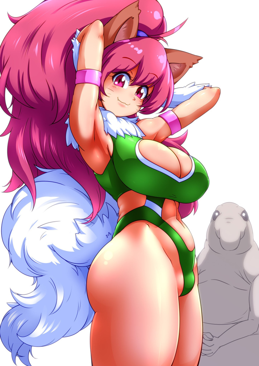 1girl animal_ears bare_legs bare_shoulders breasts cat_ears cat_girl cleavage cleavage_cutout curvy female happy heart_cutout highleg highleg_leotard highres large_breasts leotard looking_at_viewer paw_print perisie_(star_ocean) pink_hair ponytail ryoi shiny shiny_skin simple_background smile solo standing star_ocean star_ocean_first_departure tail thick_thighs thighhighs thighs thong_leotard v very_long_hair