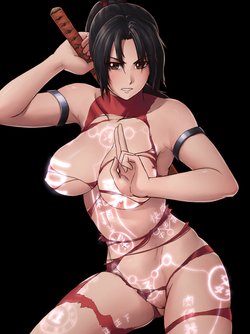 1girl armbands body_writing bodysuit breasts brown_eyes brown_hair cameltoe energy erect_nipples finalcake functionally_nude glowing large_breasts midriff navel nipples nude sword sword_behind_back taki_(soulcalibur) torn_bodysuit torn_clothes translation_request