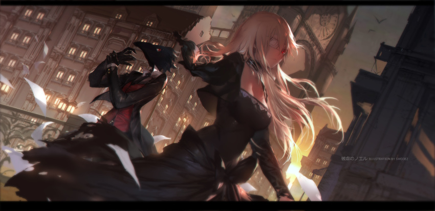 absurdres amputee artist_name black_dress black_gloves black_jacket black_neckwear blonde_hair breasts caron_(higyaku_no_noel) cleavage dress dusk eyebrows_visible_through_hair eyepatch floating_hair from_below gloves highres higyaku_no_noel jacket large_breasts long_dress long_hair necktie noel_cerquetti open_clothes open_jacket outdoors red_eyes road severed_arm severed_limb street swd3e2 very_long_hair