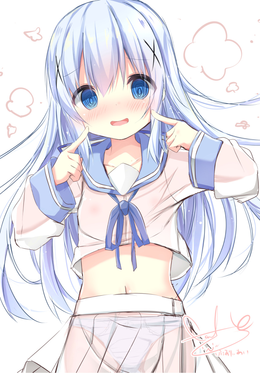 :d @_@ bangs blue_eyes blue_hair blue_panties blue_ribbon blush bow bow_panties collarbone covered_nipples cowboy_shot embarrassed eyebrows_visible_through_hair fingers_to_cheeks flat_chest gochuumon_wa_usagi_desu_ka? hair_between_eyes hair_ornament head_tilt highres kafuu_chino kouda_suzu long_hair long_sleeves looking_at_viewer midriff navel neck_ribbon no_bra open_mouth panties pleated_skirt ribbon school_uniform see-through serafuku shirt signature simple_background skirt smile solo transparent_skirt underwear very_long_hair white_background white_serafuku white_shirt white_skirt x_hair_ornament