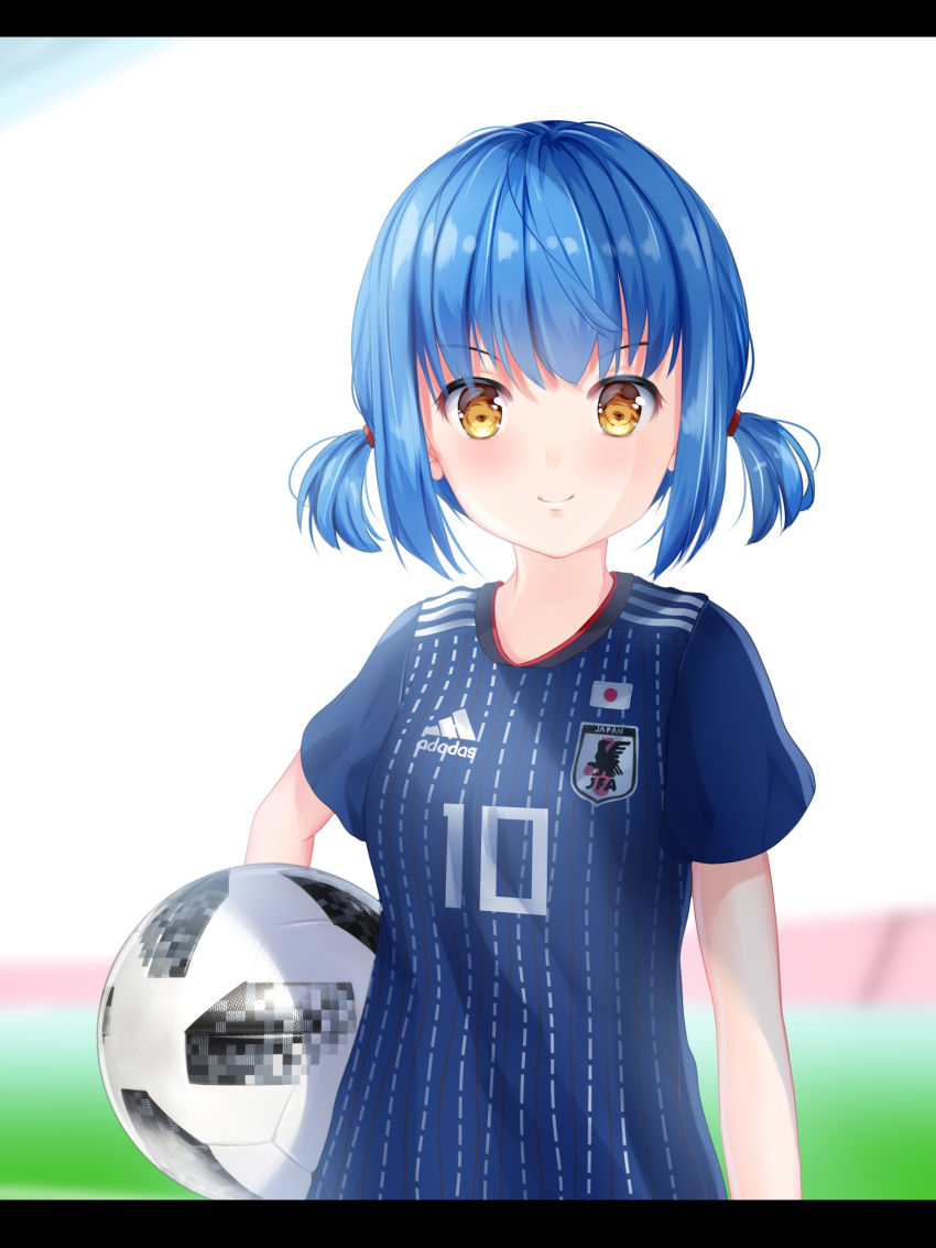 2018_fifa_world_cup ball blue_hair closed_mouth highres japan japanese_flag looking_at_viewer mosaic original smile soccer soccer_ball soccer_uniform solo sportswear telstar_18 twintails world_cup yellow_eyes zet_(zetart)