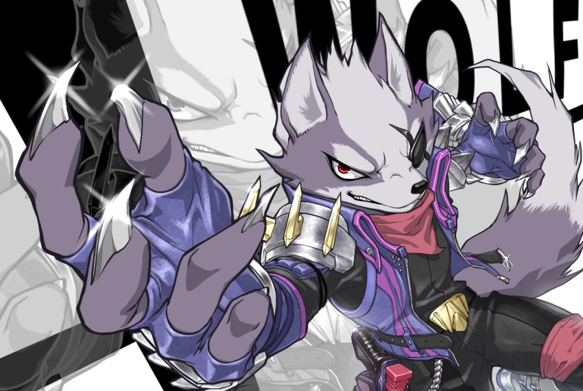 claws eyepatch furry hato_(heiseiradiodenk) jacket looking_at_viewer male_focus red_eyes smile solo star_fox super_smash_bros. super_smash_bros._ultimate wolf wolf_o'donnell