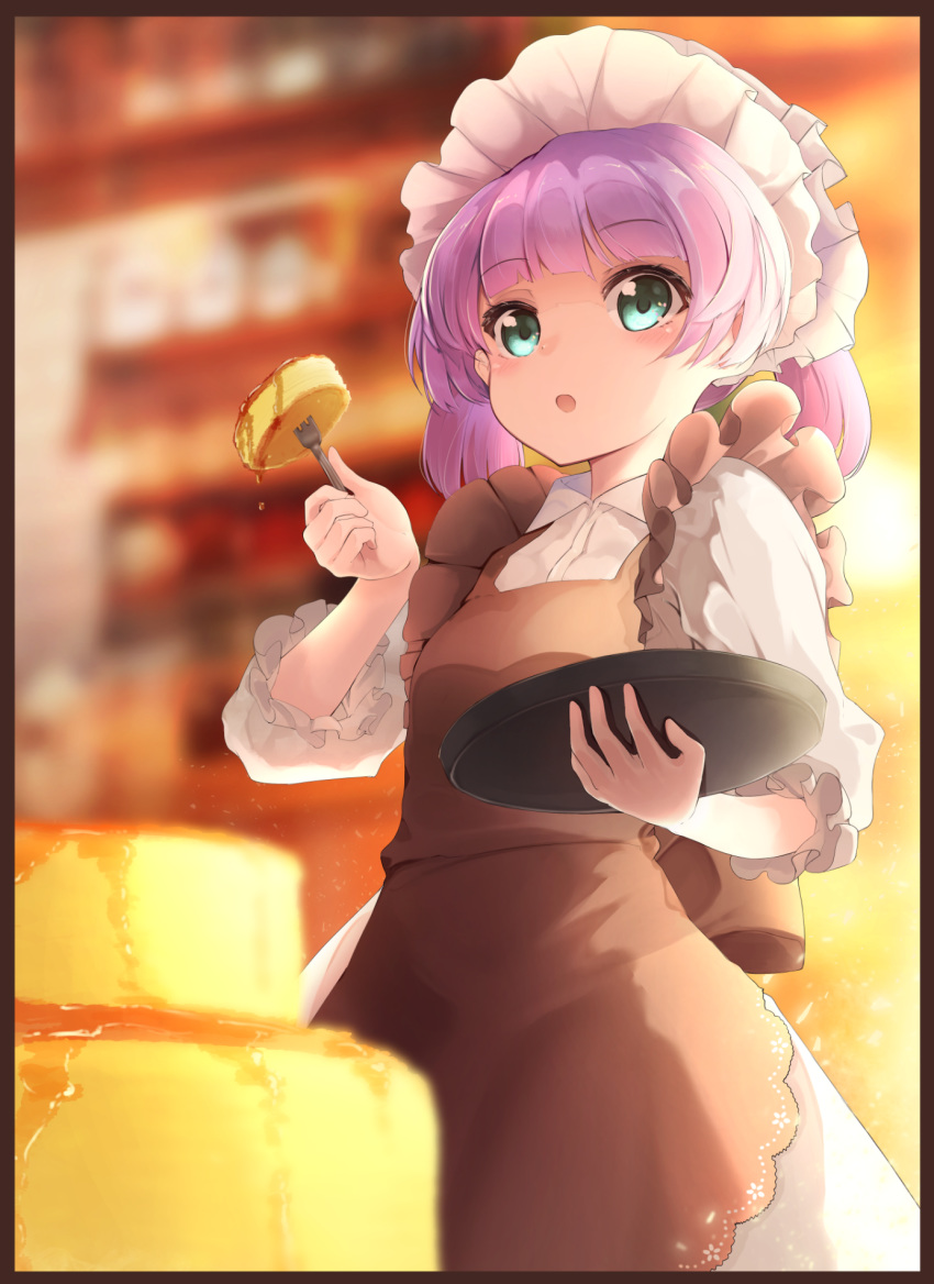:o alternate_costume apron bangs blurry blurry_background blush brown_apron commentary_request date_(mamanonamaebot) depth_of_field dress enmaided eyebrows_visible_through_hair food fork green_eyes highres holding holding_fork holding_tray long_hair looking_at_viewer low_twintails maid maid_apron maid_headdress mochi_hiyoko mochi_hiyoko_(character) open_mouth puffy_short_sleeves puffy_sleeves purple_hair short_sleeves short_twintails sidelocks solo syrup tray twintails white_dress