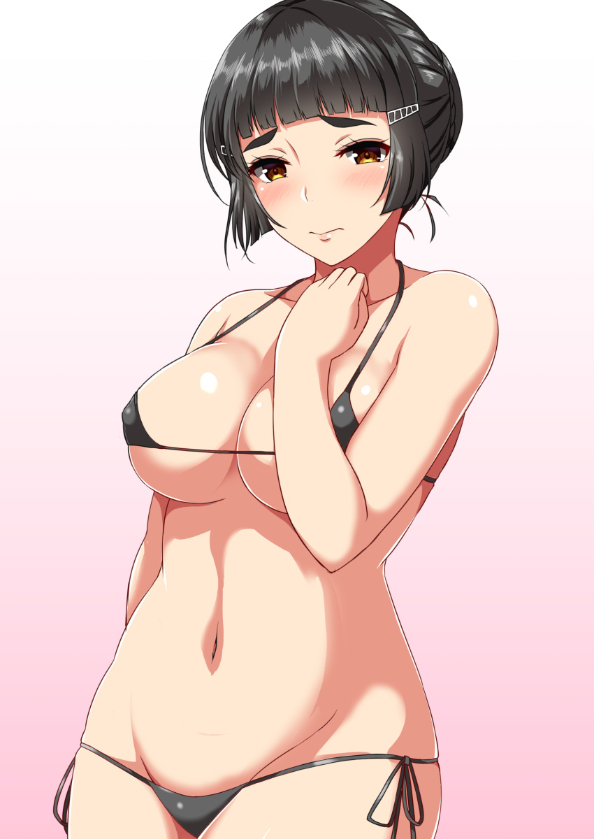 absurdres alternate_costume ar_(lover_boy) bangs bikini black_bikini black_hair blush breasts brown_eyes cleavage clenched_hand closed_mouth collarbone embarrassed frown gradient gradient_background groin hair_ornament hairclip hand_up highres kantai_collection micro_bikini myoukou_(kantai_collection) navel shiny shiny_skin short_hair side-tie_bikini skindentation solo stomach swimsuit upper_body