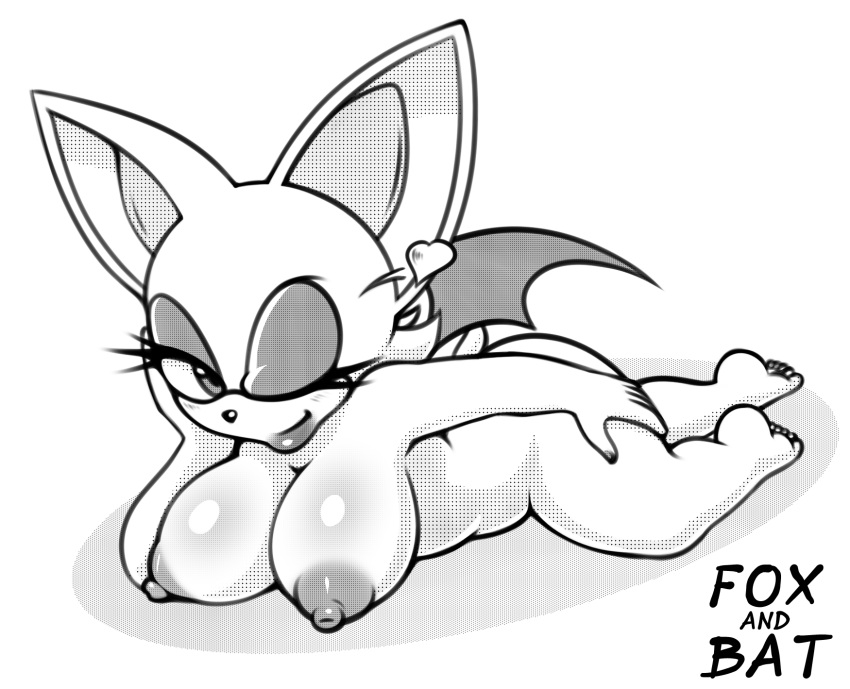 &lt;3 alternate_version_at_source anthro bat blush breasts butt eyelashes female half-closed_eyes hyoumaru leg_grab lying makeup mammal mature_female monochrome nipples nude on_front one_eye_closed pose rouge_the_bat seductive simple_background solo sonic_(series) wink
