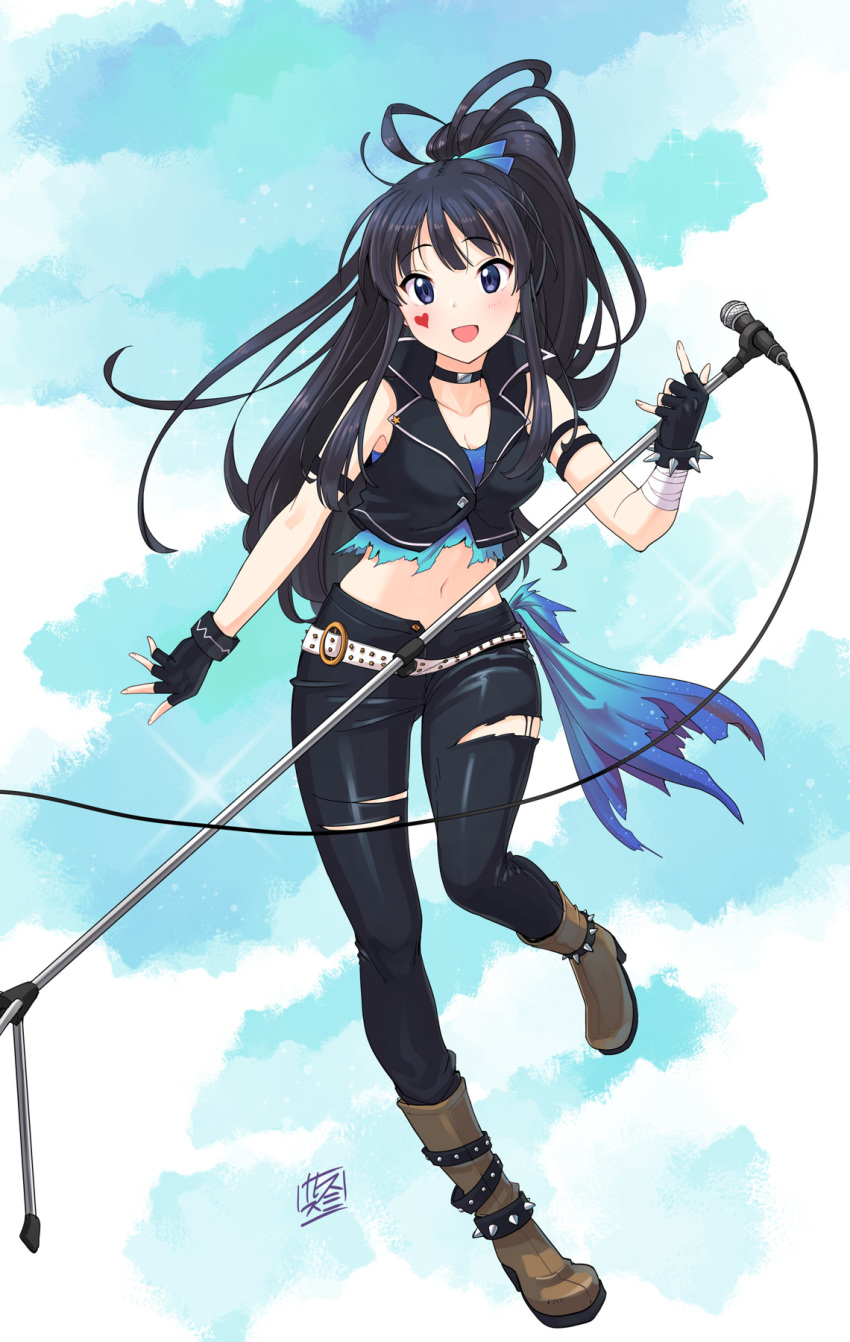 :d akiyama_mio alternate_costume bandages belt black_gloves black_hair black_pants black_vest blue_sky blush boots bracelet breasts brown_footwear cleavage commentary_request death_devil eyebrows_visible_through_hair facepaint fingerless_gloves full_body gloves heart highres jewelry k-on! knee_boots long_hair looking_at_viewer medium_breasts microphone microphone_stand midriff navel open_mouth pants ponytail sky smile smirs solo spiked_bracelet spikes standing standing_on_one_leg torn_clothes torn_pants very_long_hair vest