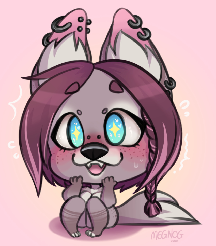 bat-eared_fox blush canine chibi cute excited female fox freckles happy mammal megnog nuna_tozzi piercing shaking sharp_teeth sitting solo sparkling teeth