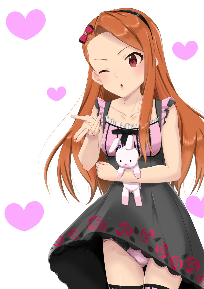 ;o absurdres ass_visible_through_thighs bangs black_dress blowing blown_kiss bow brown_eyes brown_hair bunny cowboy_shot crotch_seam dress floral_print gesture hair_bow hairband highres holding holding_stuffed_animal idolmaster idolmaster_(classic) idolmaster_million_live! idolmaster_million_live!_theater_days k-ya. lace lace-trimmed_panties long_hair looking_at_viewer minase_iori one_eye_closed open_mouth panties pantyshot pantyshot_(standing) pink_legwear pink_panties red_bow short_dress sleeveless sleeveless_dress solo standing stuffed_animal stuffed_bunny stuffed_toy thigh_gap thighhighs underwear white_background wind wind_lift