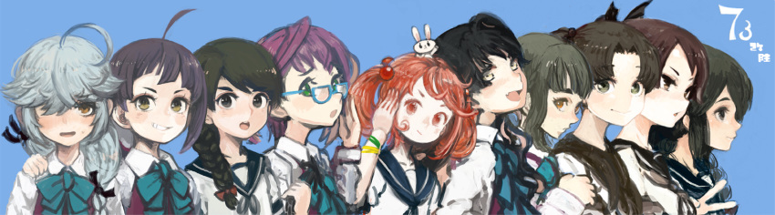 :d :o ahoge animal animal_on_head ayanami_(kantai_collection) black_hair blue-framed_eyewear blue_background bow bowtie braid brown_eyes brown_hair bunny bunny_on_head commentary fang fujinami_(kantai_collection) fujinozu glasses green_eyes green_hair grey_hair grin hair_bobbles hair_ornament hair_over_one_eye hamanami_(kantai_collection) hand_on_another's_shoulder highres isonami_(kantai_collection) kantai_collection long_hair looking_at_viewer looking_away multiple_girls naganami_(kantai_collection) okinami_(kantai_collection) on_head open_mouth purple_hair red_hair sailor_collar salute sazanami_(kantai_collection) shikinami_(kantai_collection) simple_background smile symbol_commentary takanami_(kantai_collection) trait_connection twintails upper_body uranami_(kantai_collection)