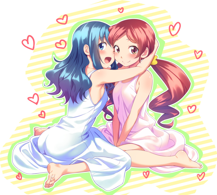 :d ass bare_arms barefoot blue_eyes blue_hair breasts closed_mouth commentary_request dress eyebrows_visible_through_hair feet hanasaki_tsubomi heart heartcatch_precure! henshin highres hug kurumi_erika long_hair looking_at_viewer multiple_girls open_mouth pink_dress precure red_eyes red_hair short_hair sideboob sitting sleeveless sleeveless_dress smile striped striped_background tenkuu_nozora twintails wariza