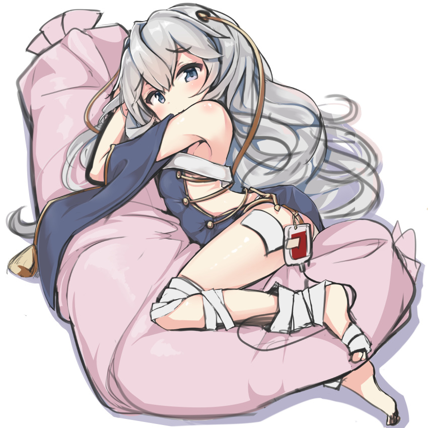 absurdres bandaged_feet bandaged_leg bandages bangs bare_shoulders barefoot blood blood_bag blue_dress blue_eyes blush breasts commentary covered_mouth detached_sleeves dress eyebrows_visible_through_hair girls_frontline gold_trim hair_between_eyes highres long_hair looking_at_viewer microdress no_bra ohshit panties pillow pillow_hug ribeyrolles_1918_(girls_frontline) short_sleeves side_cutout side_slit silver_hair sketch sleeveless sleeveless_dress small_breasts solo thighs underwear very_long_hair white_background white_panties wide_sleeves