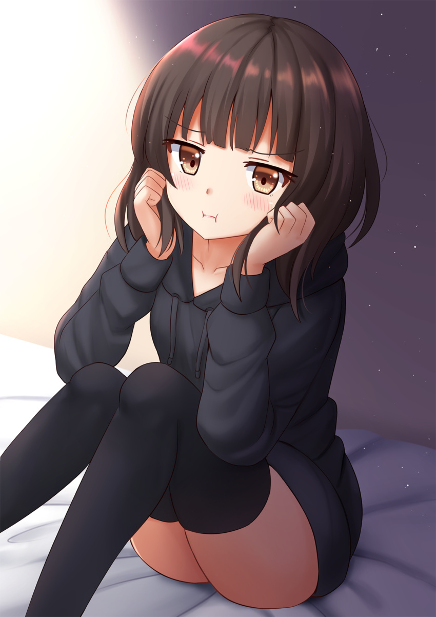 :i ass bangs bed_sheet black_hoodie black_legwear blush borrowed_character brown_eyes brown_hair closed_mouth collarbone commentary drawstring dutch_angle eyebrows_visible_through_hair highres hood hood_down hoodie kazenokaze long_hair long_sleeves menhera no_pants original pout sitting solo thighhighs