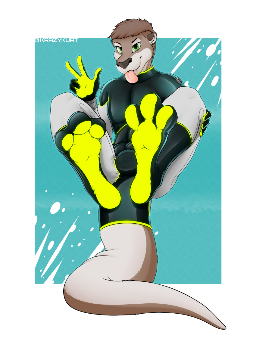 2018 3_toes 5_fingers absurd_res anthro armwear bodysuit brown_fur bulge butt catsuit_(disambiguation) clothed clothing costume cute digital_drawing_(artwork) digital_media_(artwork) digitigrade feet footwear fur girly gloves glowing green_eyes hair hi_res hybrid kangaroo kelani krazykurt legwear looking_at_viewer male mammal marsupial mustelid open_mouth otter pawpads paws plugsuit rubber rubber_suit shiny simple_background skinsuit smile solo standing suit tight_clothing toes tongue