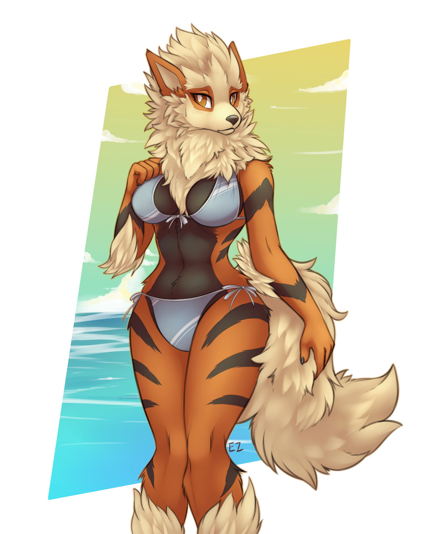 2018 anthro arcanine bikini breasts cleavage clothed clothing eternity_zinogre female hi_res nintendo pok&eacute;mon pok&eacute;mon_(species) solo sweat swimsuit thong video_games