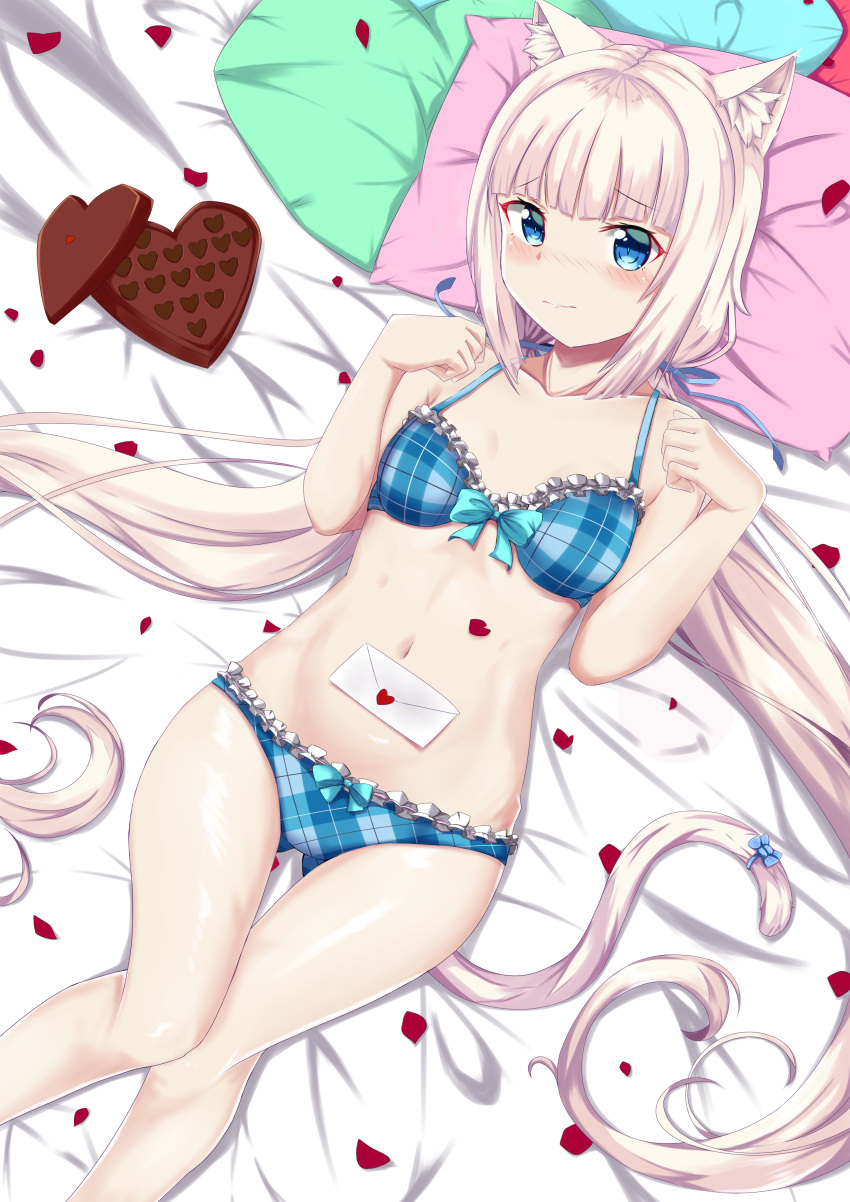 absurdres animal_ears ass_visible_through_thighs bangs bare_shoulders bed_sheet bikini blue_eyes blunt_bangs blush box cat_ears cat_tail chocolate chocolate_heart collarbone commentary commission english_commentary eyebrows_visible_through_hair frilled_bikini frills heart heart-shaped_box highres letter long_hair looking_at_viewer love_letter low_twintails navel nekopara petals pillow plaid plaid_bikini ryuu_shuo solo swimsuit tail tail_ornament thigh_gap twintails valentine vanilla_(sayori) white_hair