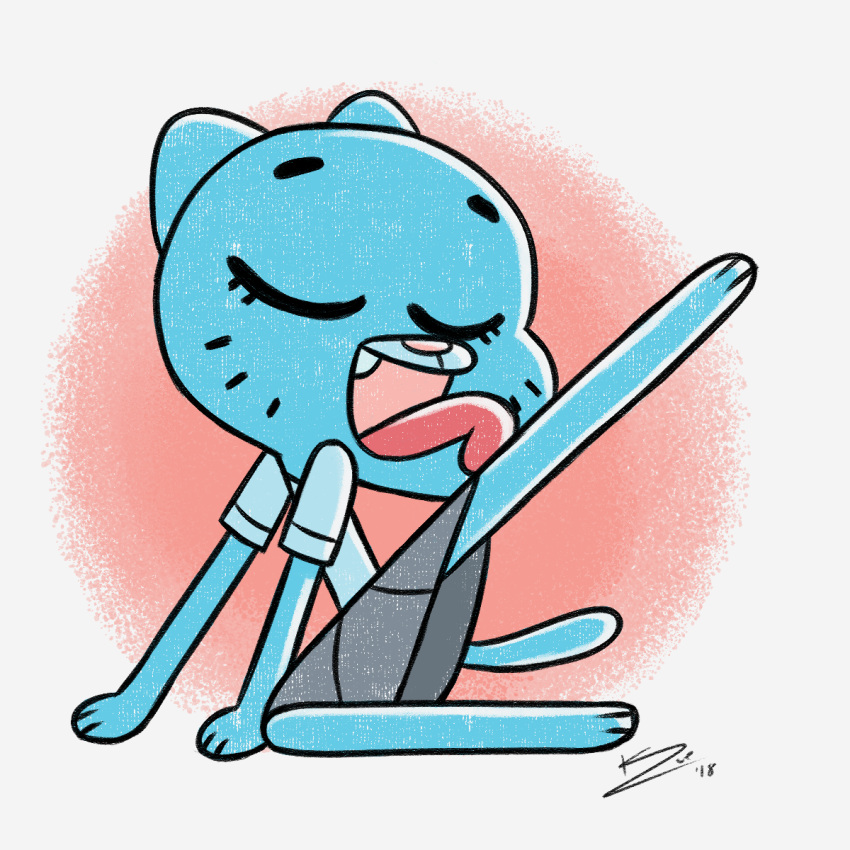 2018 anthro blue_fur cartoon_network cat clothed clothing digital_media_(artwork) eyes_closed feline female fur licking_self mammal mature_female nicole_watterson open_mouth phoenixkenny pose raised_leg shirt simple_background skirt solo the_amazing_world_of_gumball tongue tongue_out whiskers white_background