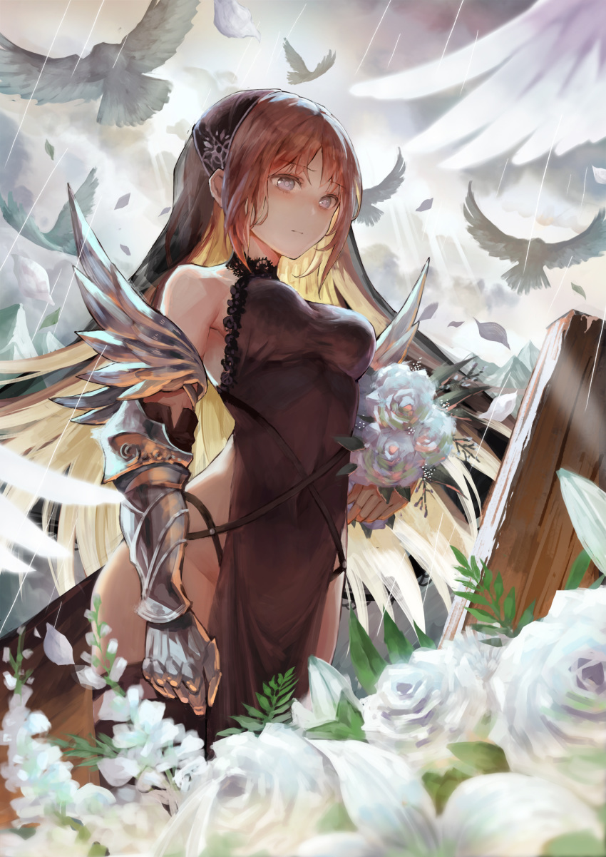 armor bangs bare_shoulders bird black_dress blue_eyes blurry bouquet breasts brown_hair choker cloud cloudy_sky commentary_request depth_of_field dress eyebrows_visible_through_hair flower gauntlets graveyard groin highres holding holding_bouquet impossible_clothes impossible_dress long_hair looking_at_viewer medium_breasts original outdoors petals rain rose sky solo standing tamarashi veil white_flower white_rose