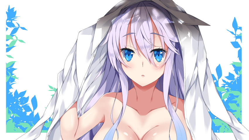 bangs blue_eyes blush breasts cleavage collarbone commentary dress_shirt eyebrows_visible_through_hair fuyou-chan hair_between_eyes hand_up highres large_breasts long_hair long_sleeves looking_at_viewer milkpanda nude original out-of-frame_censoring parted_lips shirt shirt_over_head sidelocks silver_hair solo white_shirt